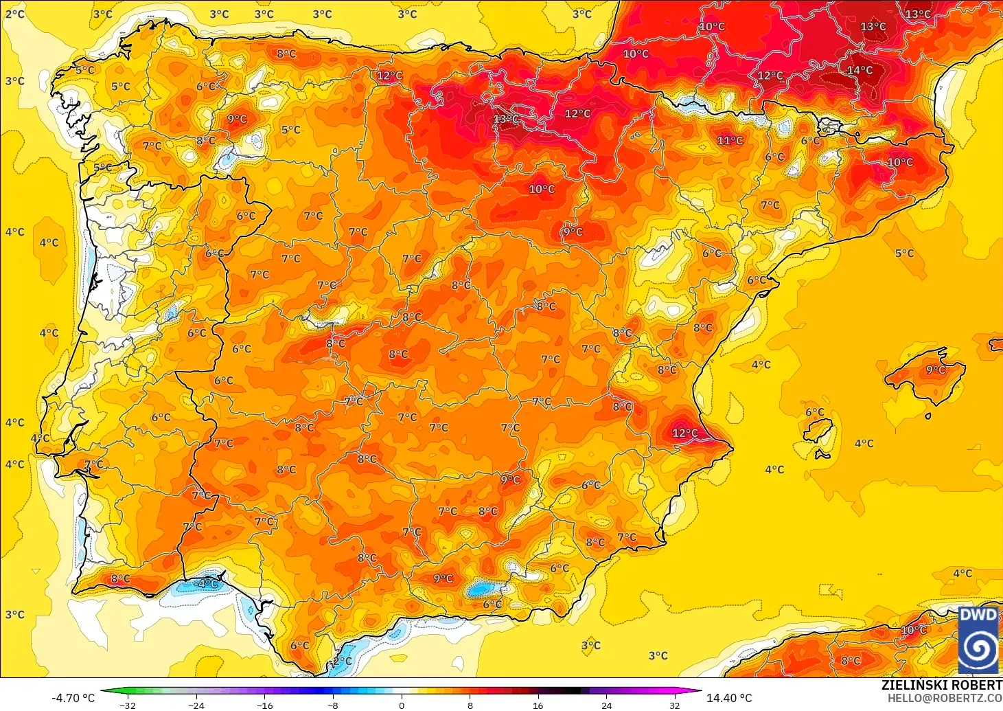ICON modelo - España, Anomalía de temperatura a 2 m