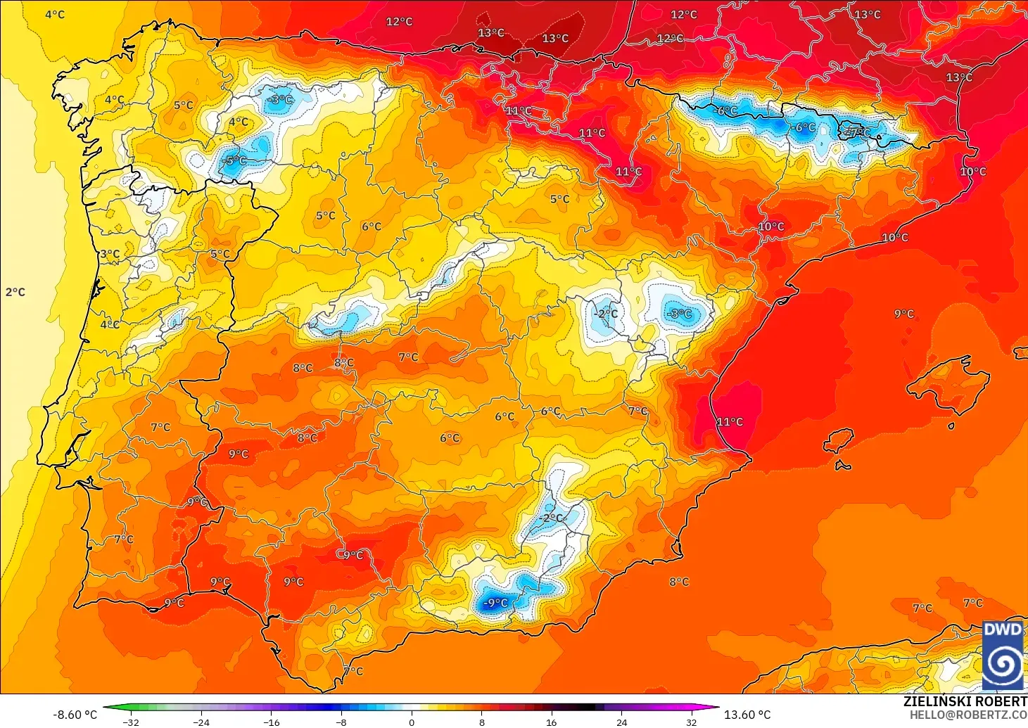 ICON modelo - España, Anomalía de temperatura a 850 hPa