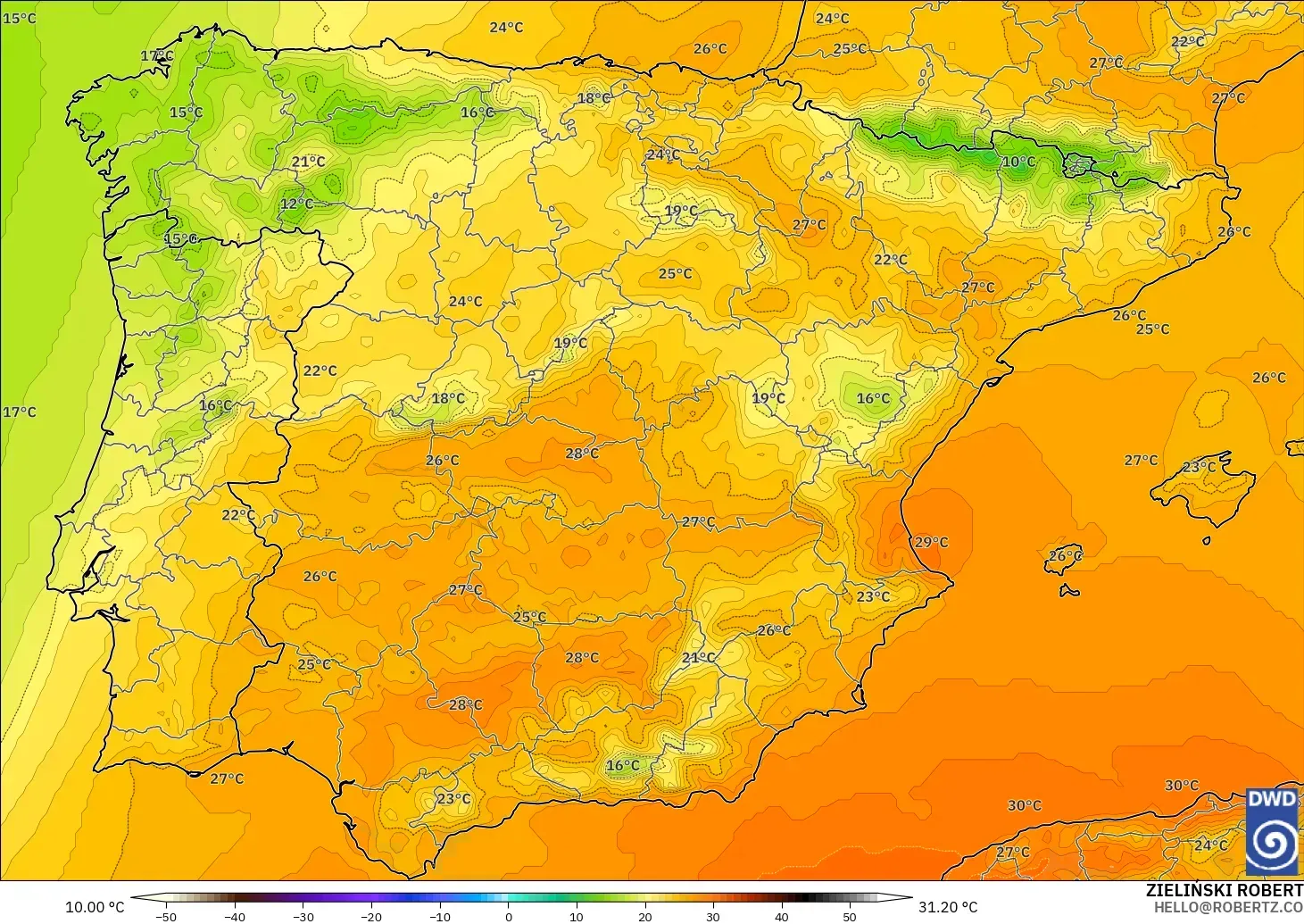 ICON modelo - España, Temperatura a 850 hPa