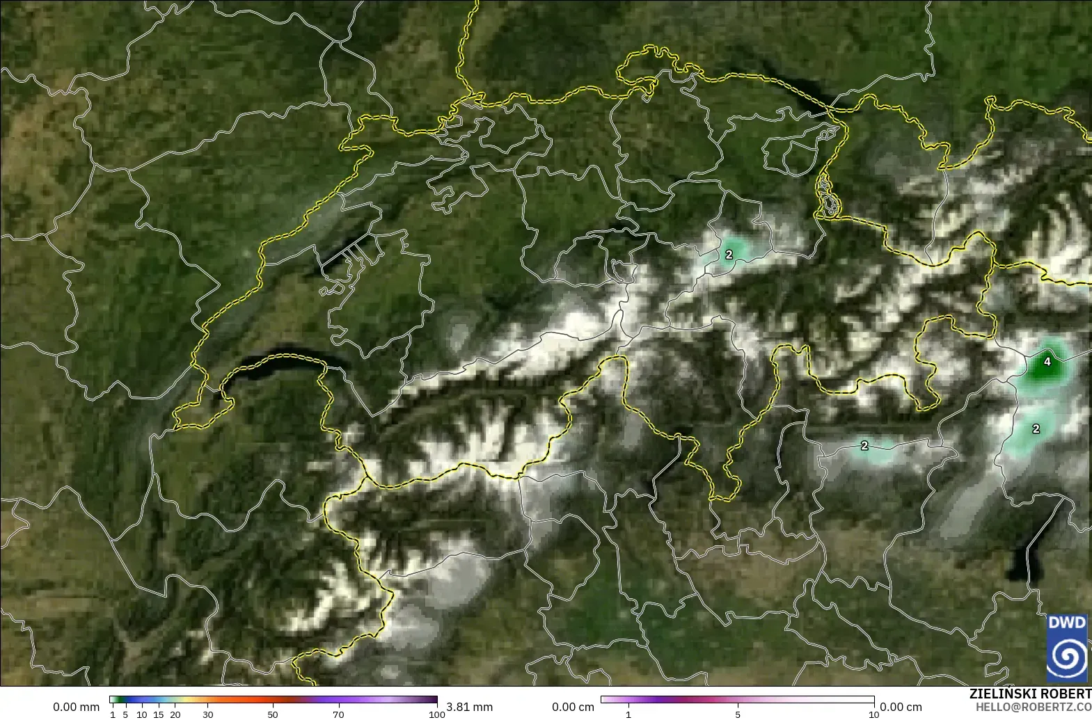 ICON modelo - Suiza, Precipitación, nubes y presión