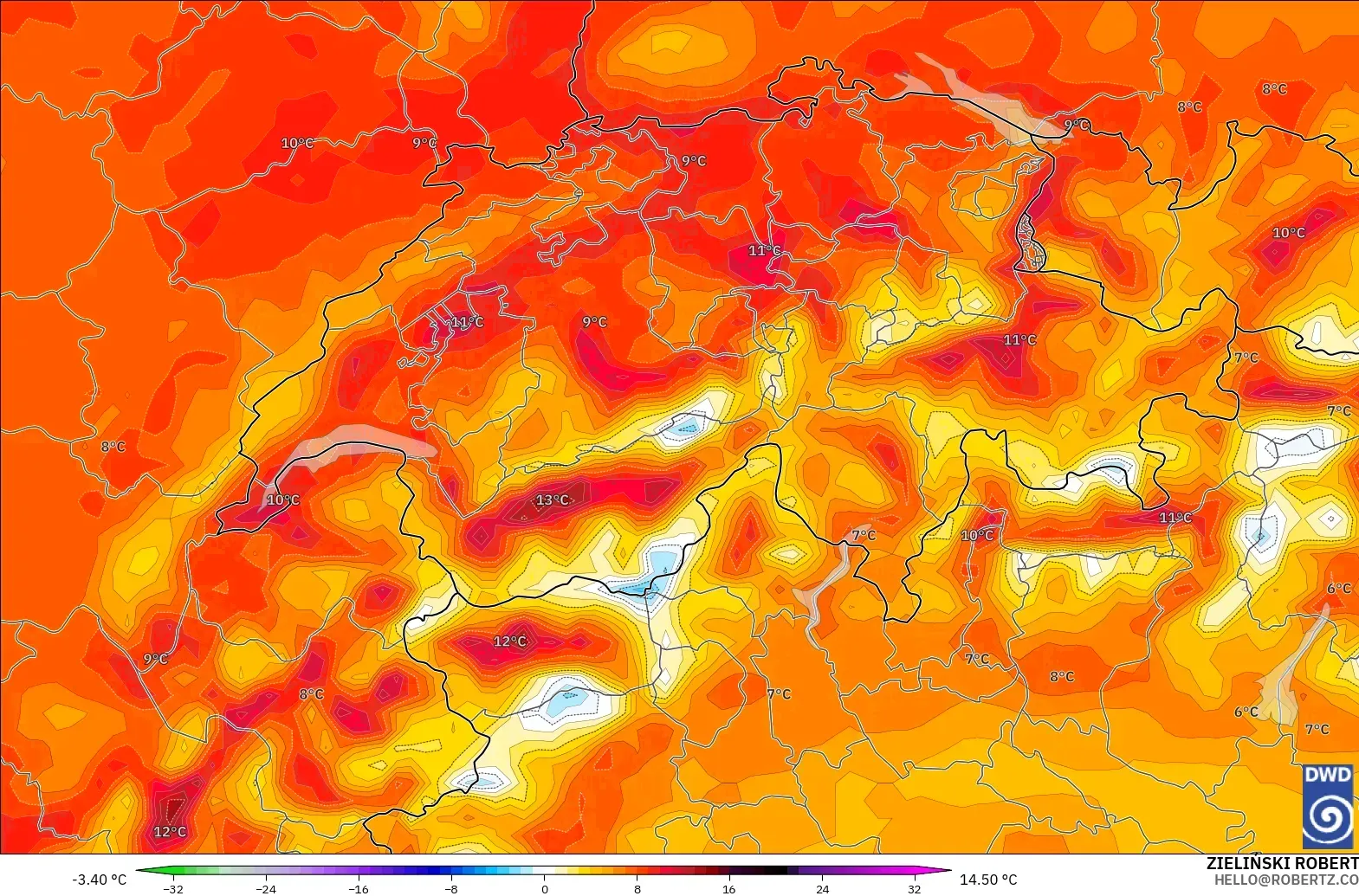 ICON modelo - Suiza, Anomalía de temperatura a 2 m