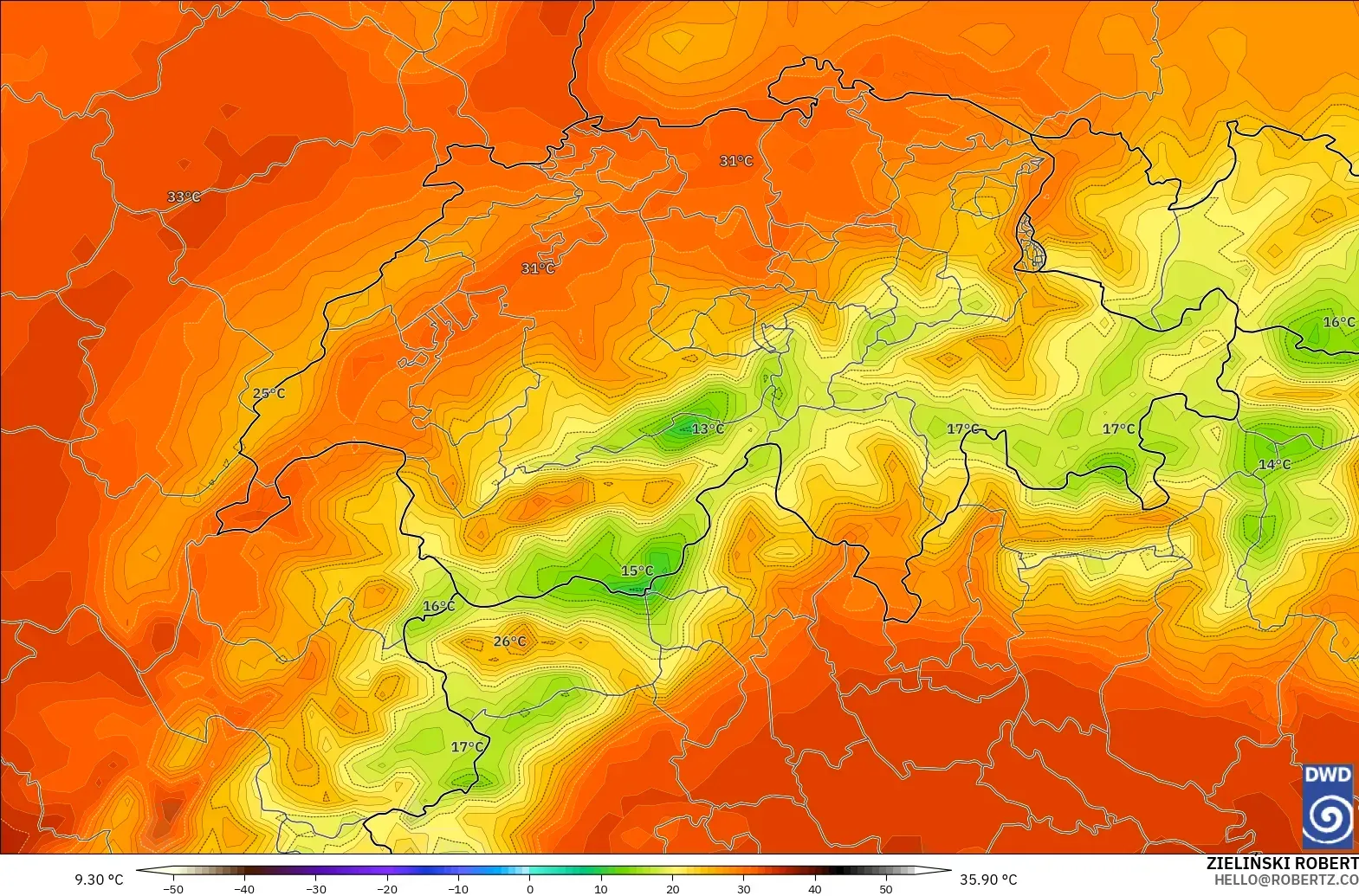 ICON modelo - Suiza, Temperatura a 2 m