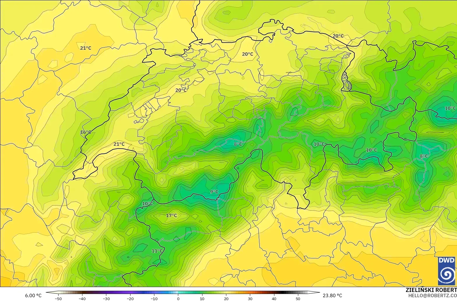 ICON modelo - Suiza, Temperatura a 850 hPa