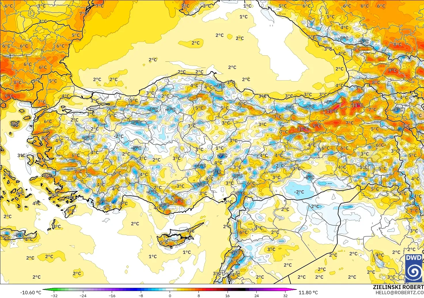 ICON modelo - Turquía, Anomalía de temperatura a 2 m