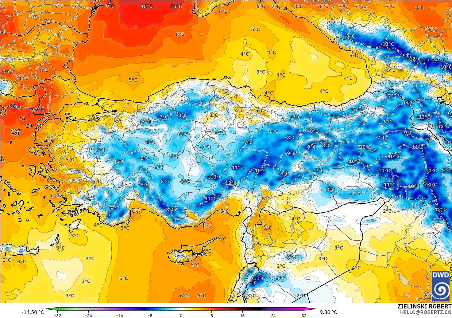 ICON modelo - Turquía, Anomalía de temperatura a 850 hPa