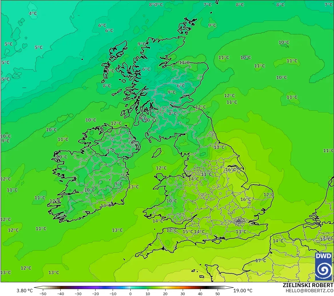 ICON modelo - Reino Unido, Temperatura a 850 hPa