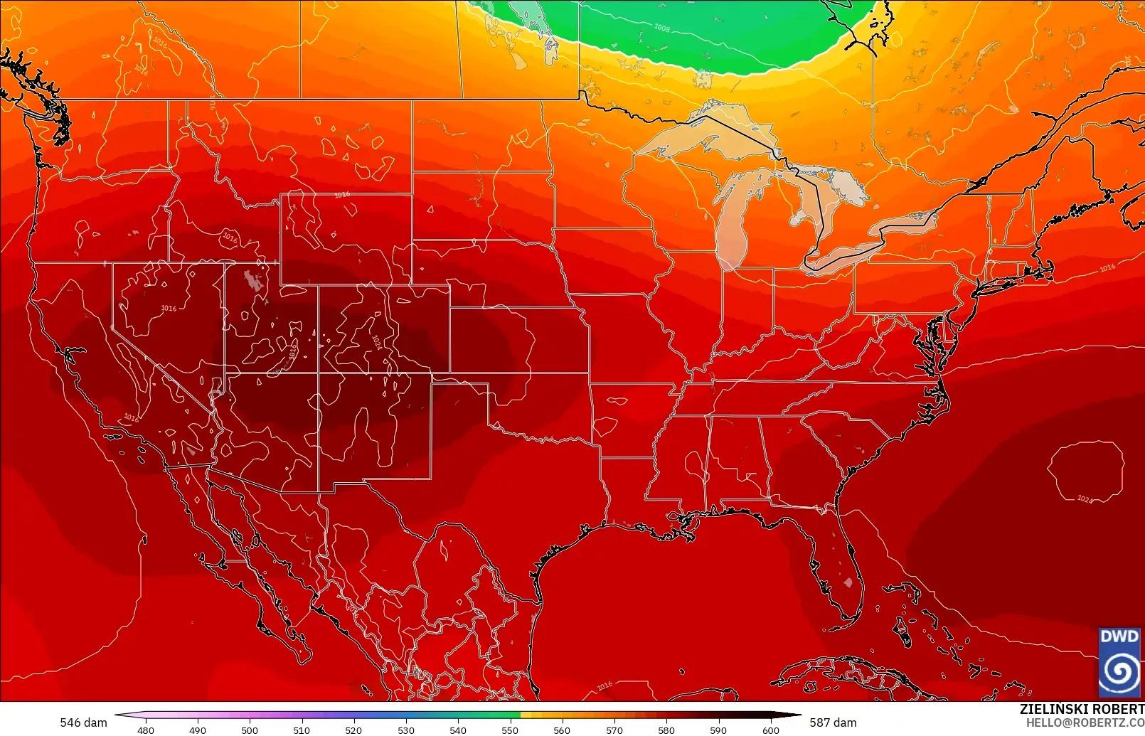 ICON modelo - Estados Unidos, Altura geopotencial a 500 hPa