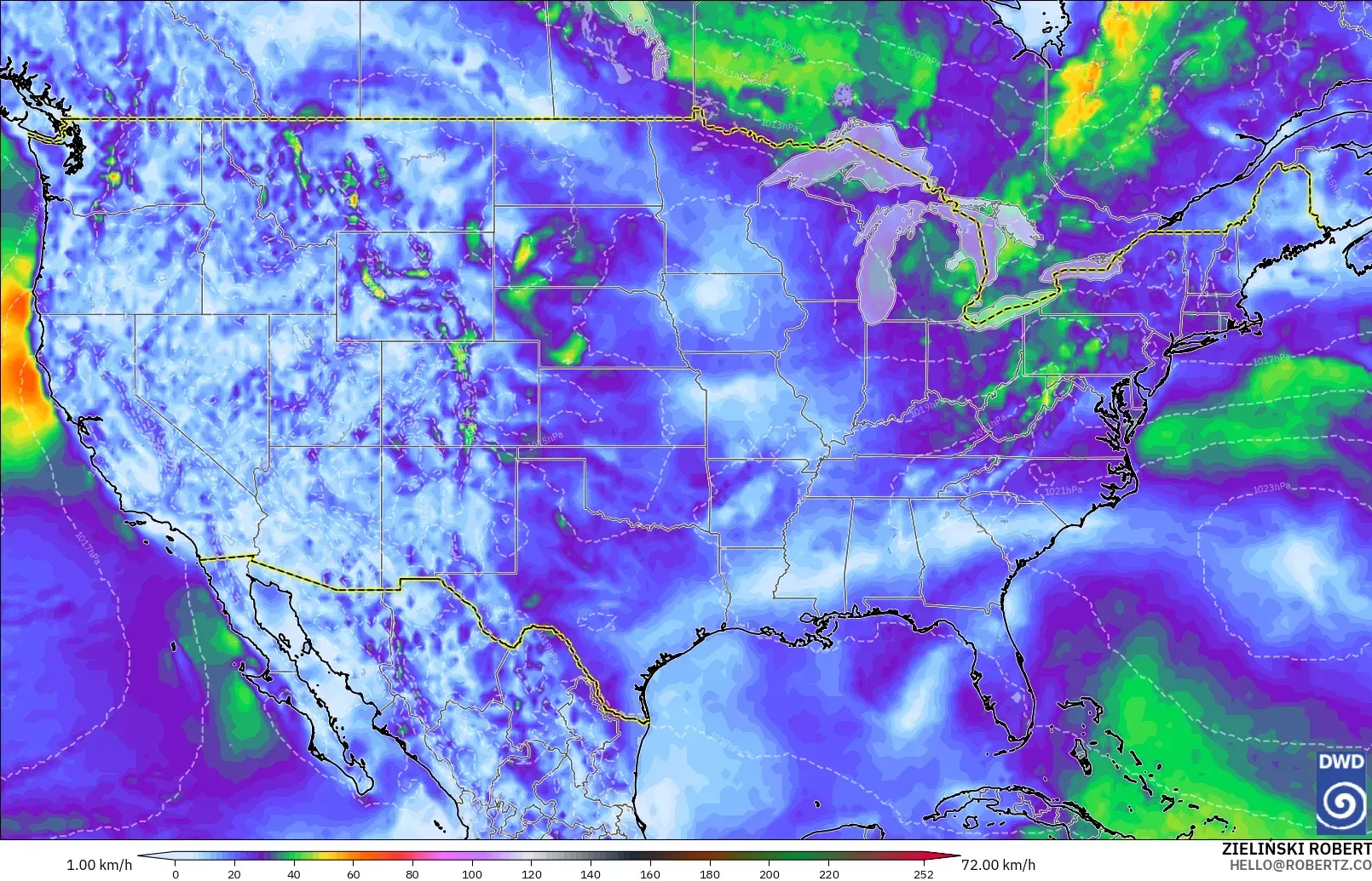 ICON modelo - Estados Unidos, Ráfagas de Viento Máximas