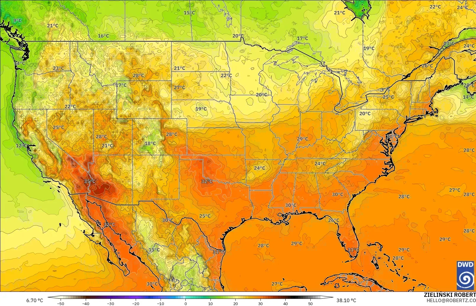ICON modelo - Estados Unidos, Temperatura a 2 m