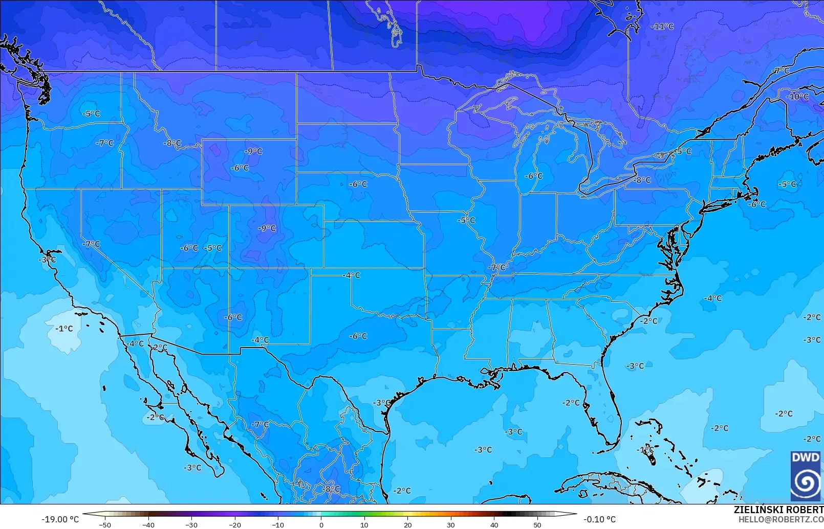 ICON modelo - Estados Unidos, Temperatura a 500 hPa