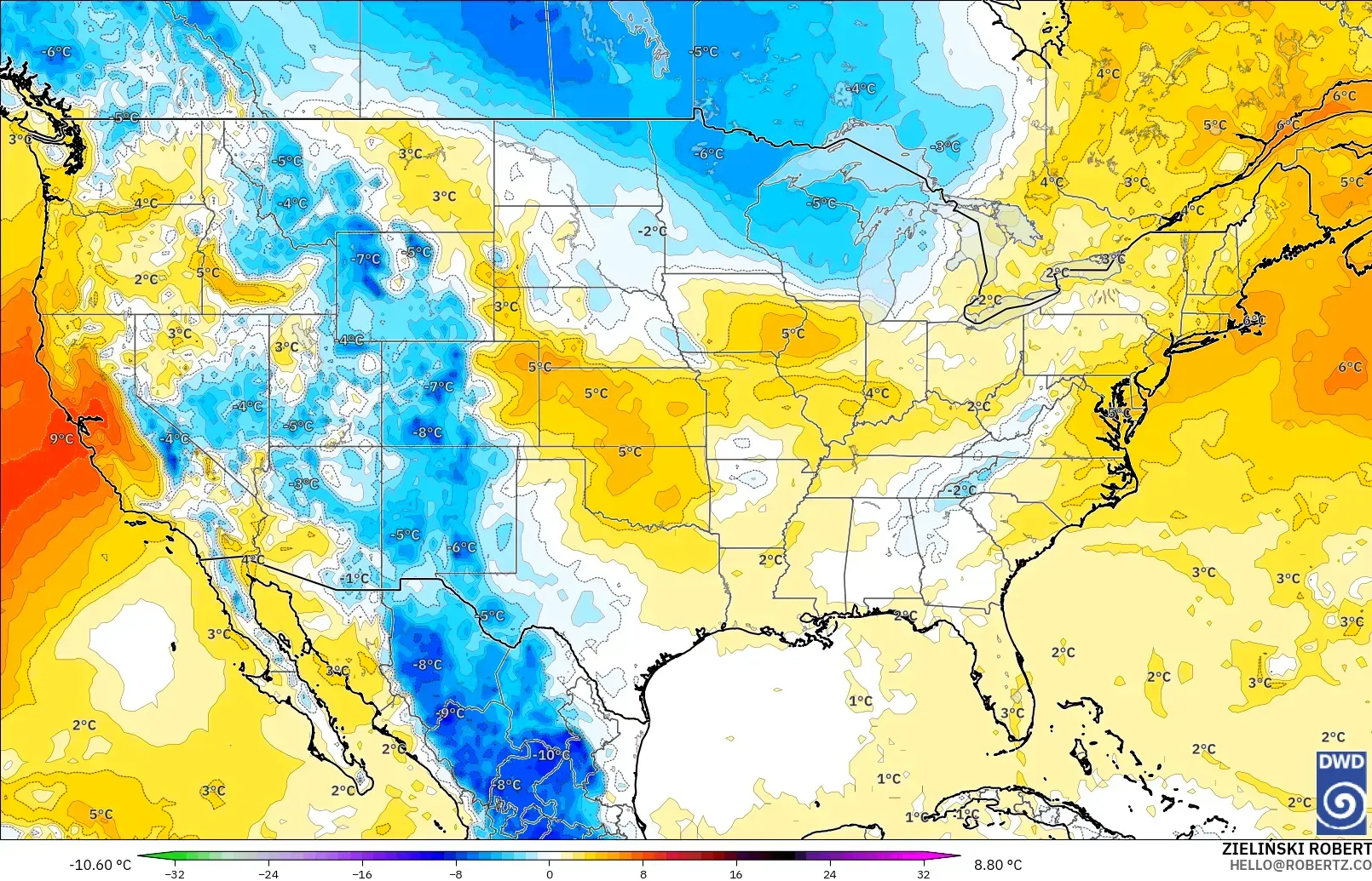 ICON modelo - Estados Unidos, Anomalía de temperatura a 850 hPa
