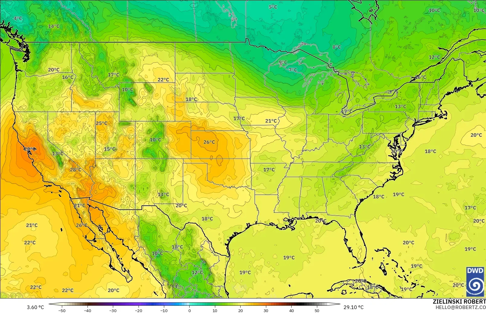 ICON modelo - Estados Unidos, Temperatura a 850 hPa