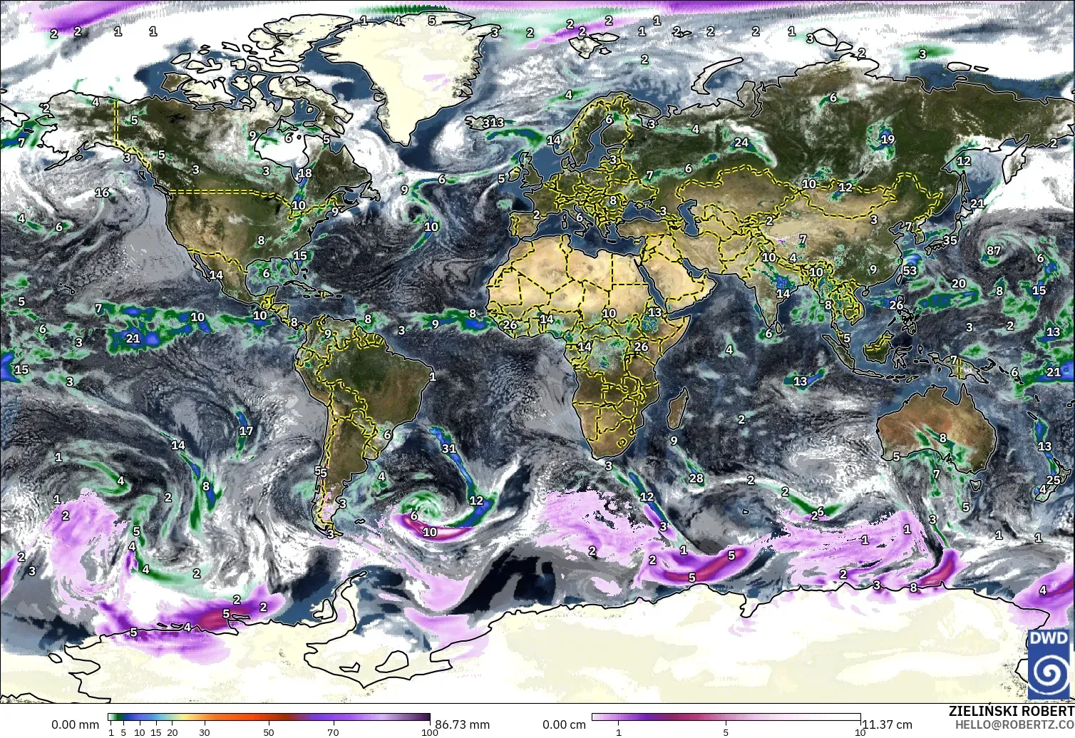ICON modelo - Mundo, Precipitación, nubes y presión