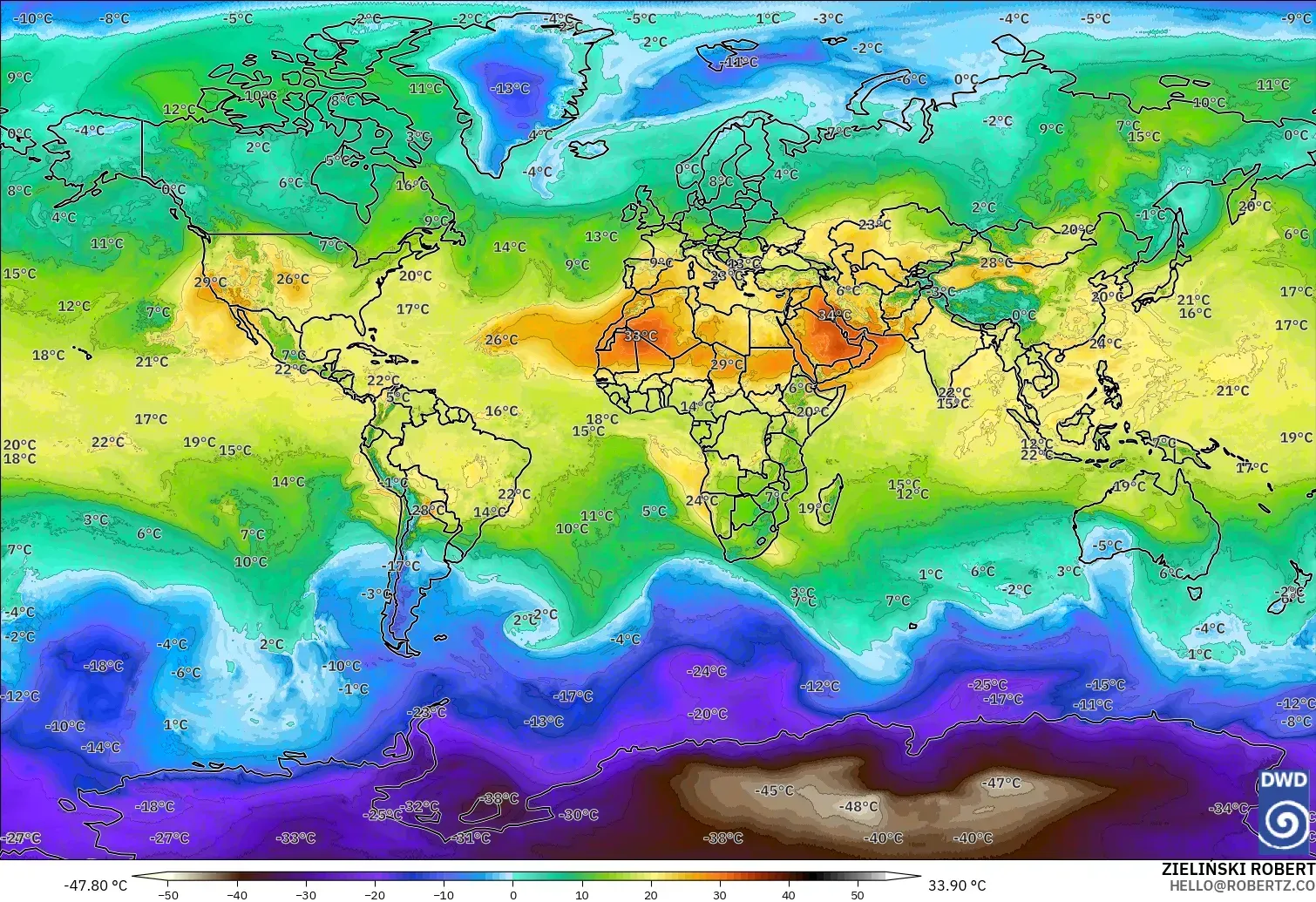 ICON modelo - Mundo, Temperatura a 850 hPa