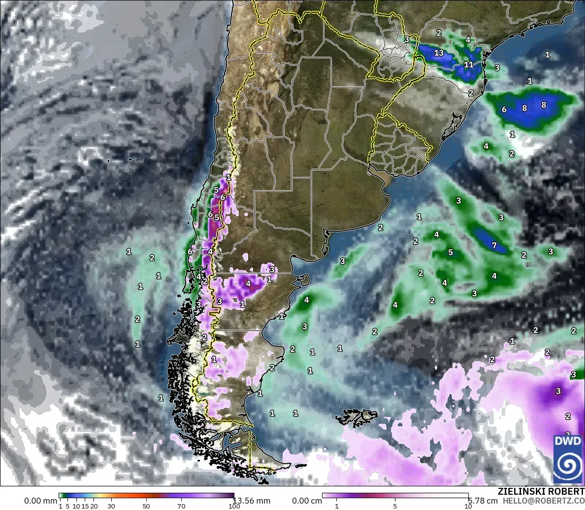 ICON modelo - Argentina, Precipitación, nubes y presión