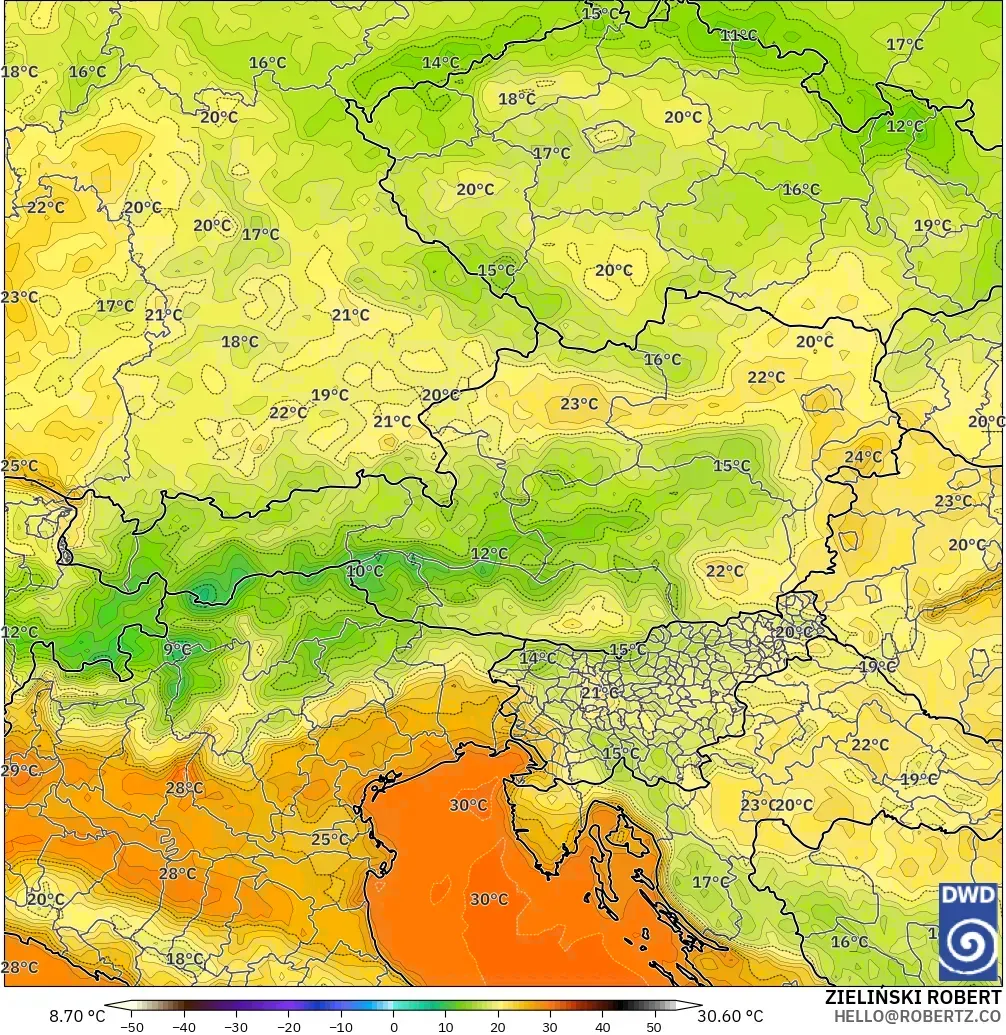 ICON modelo - Austria, Temperatura a 2 m