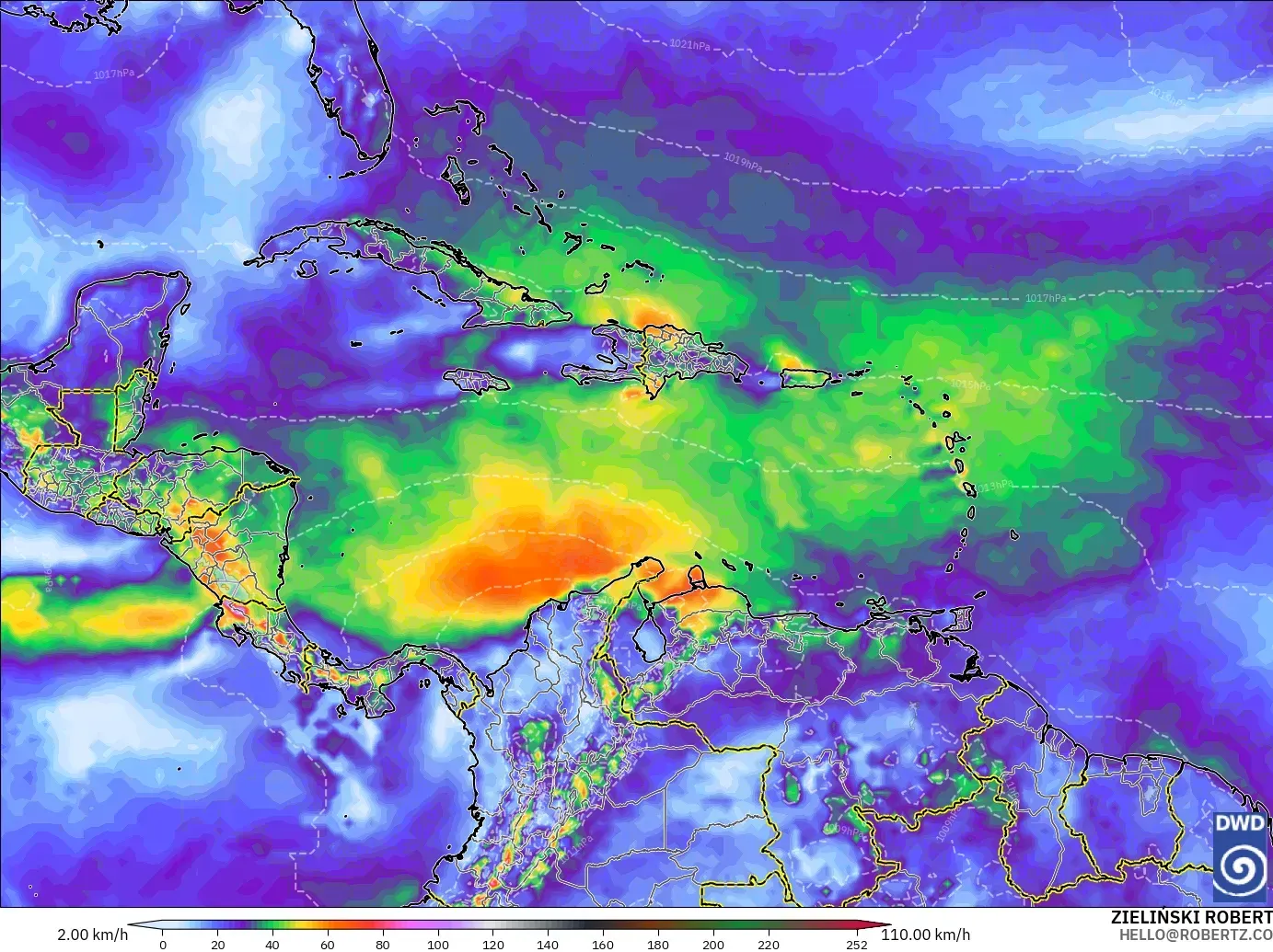 ICON modelo - Caribe, Ráfagas de viento