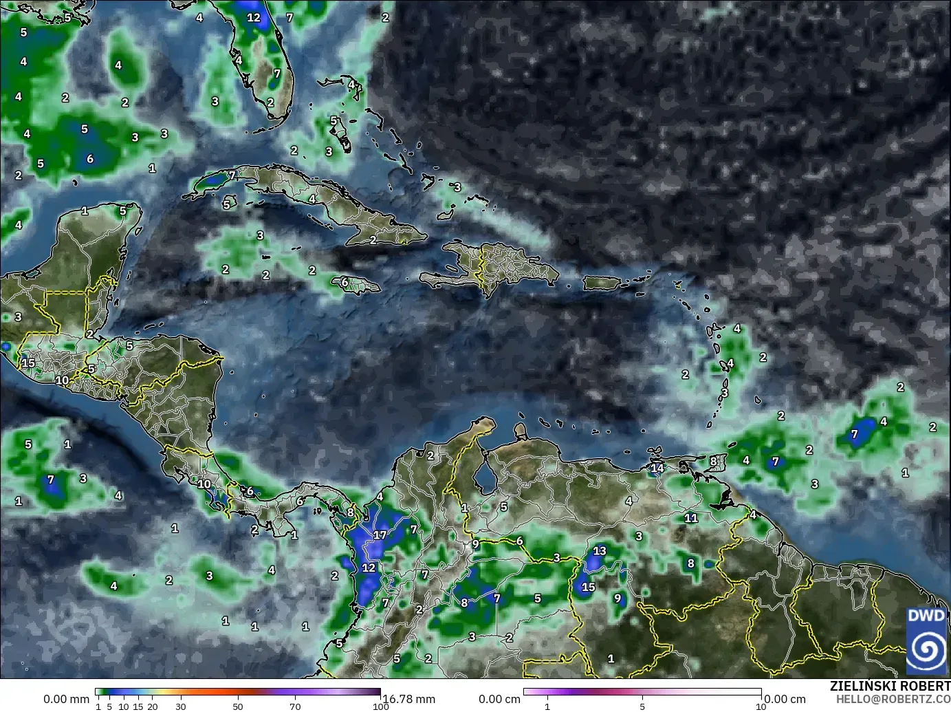 ICON modelo - Caribe, Precipitación, nubes y presión