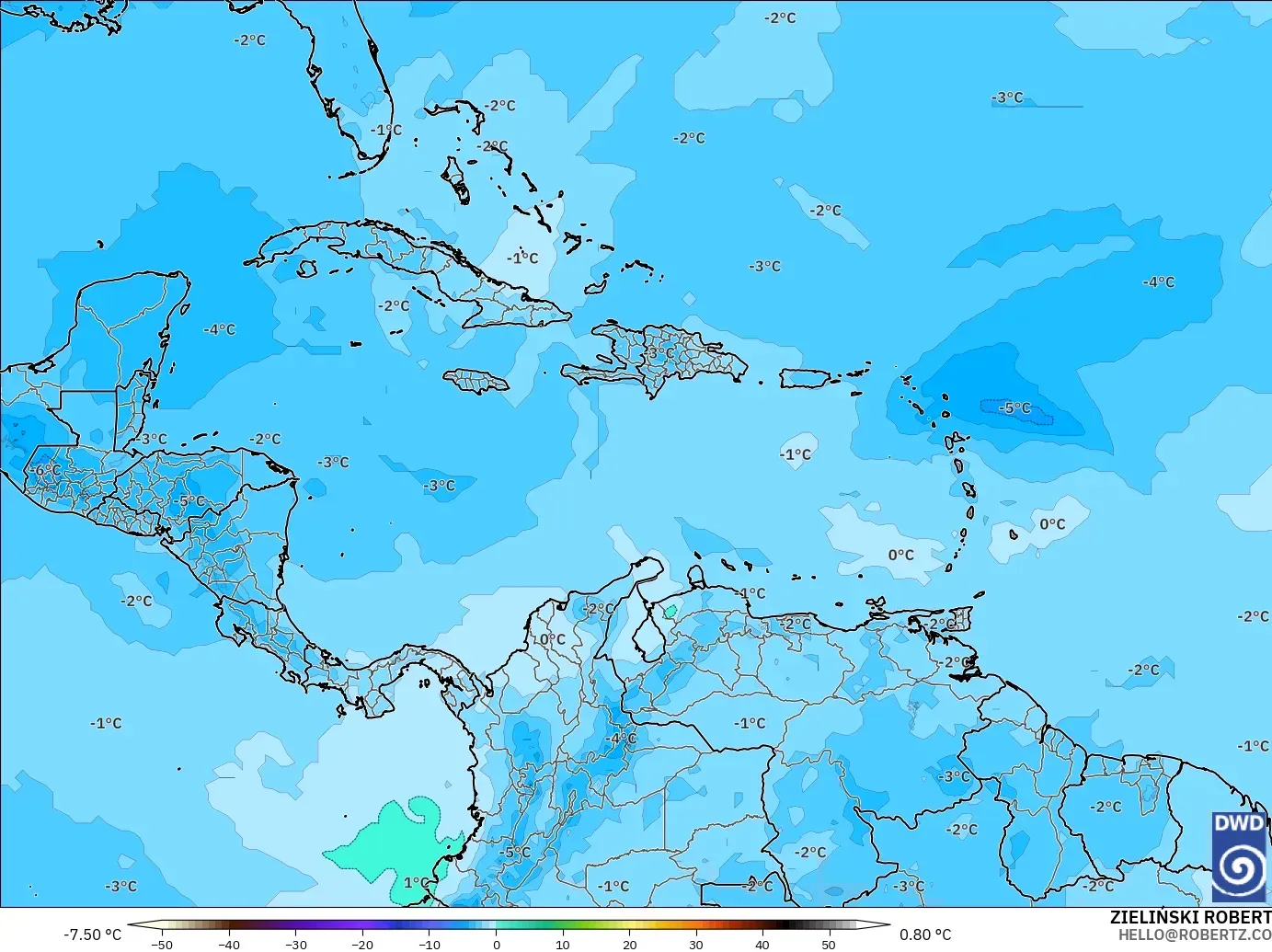 ICON modelo - Caribe, Temperatura a 500 hPa