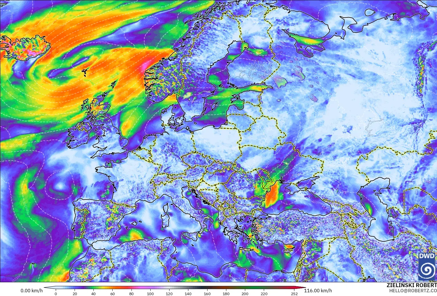 ICON modelo - Europa, Ráfagas de viento