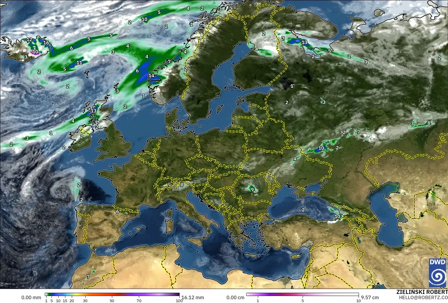 ICON modelo - Europa, Precipitación, nubes y presión