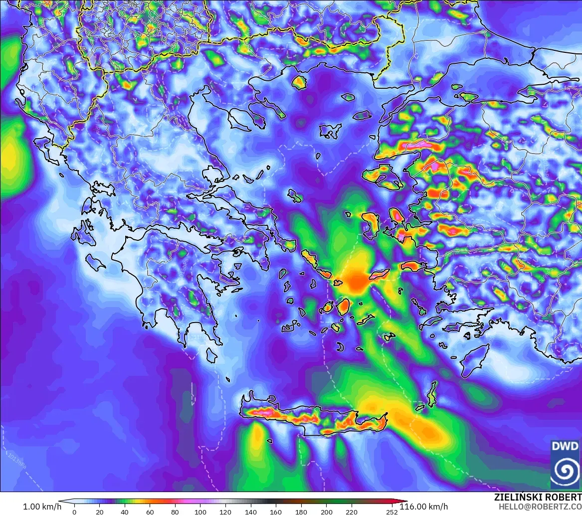 ICON modelo - Grecia, Ráfagas de viento