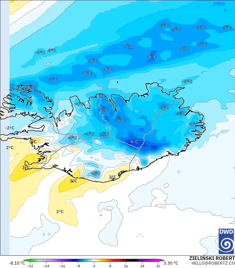 ICON modelo - Islandia, Anomalía de temperatura a 850 hPa