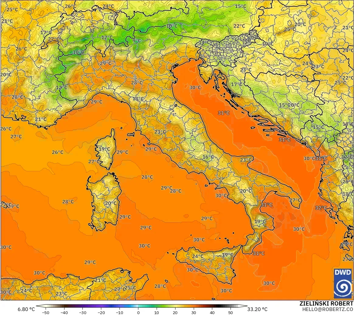 ICON modelo - Italia, Temperatura a 2 m