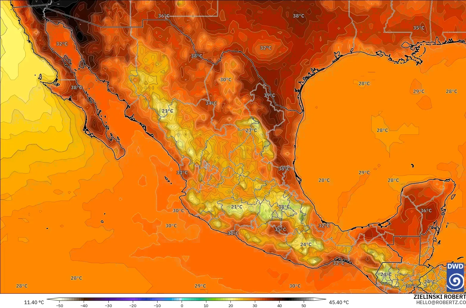 ICON modelo - México, Temperatura a 2 m