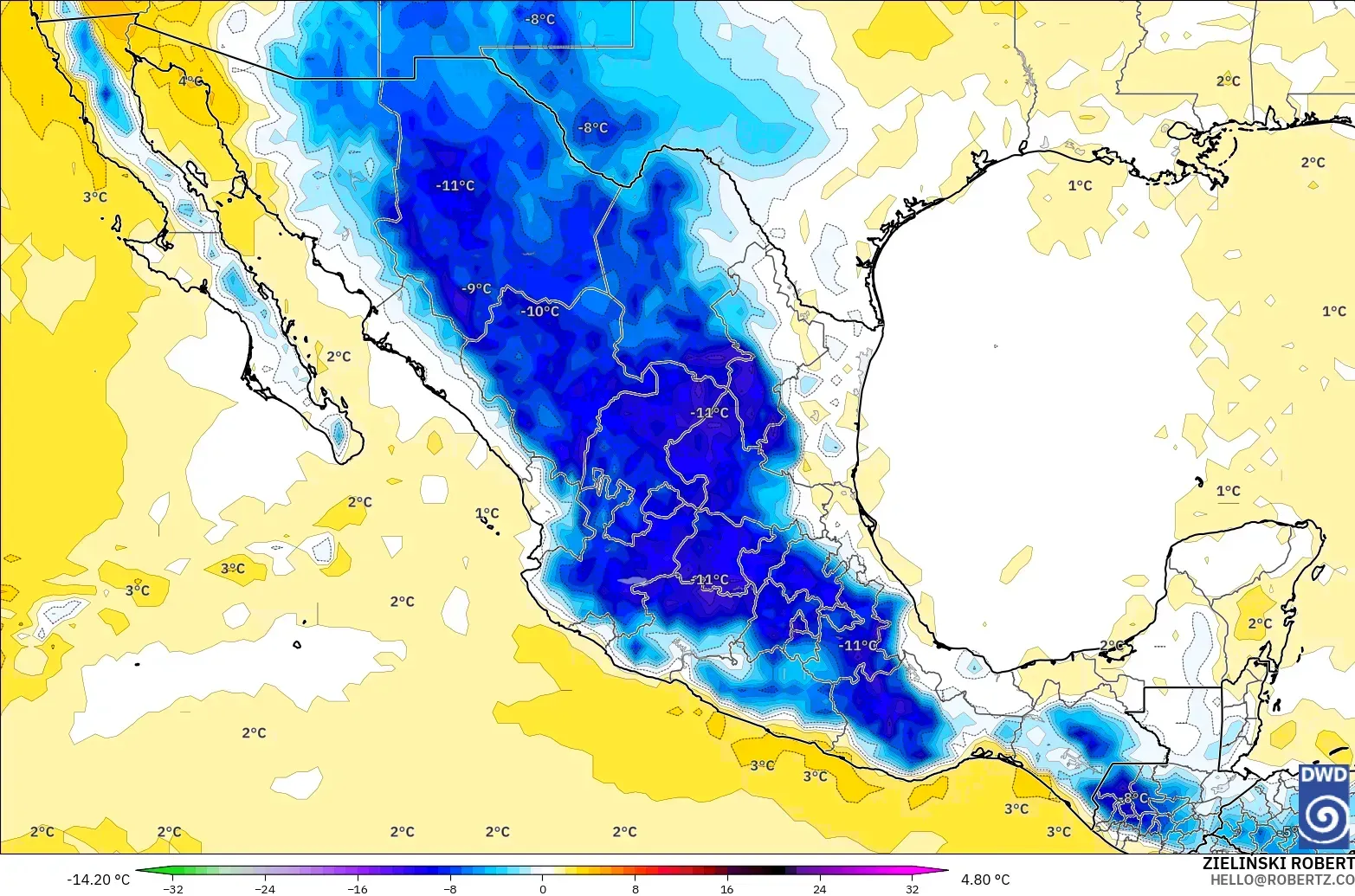 ICON modelo - México, Anomalía de temperatura a 850 hPa