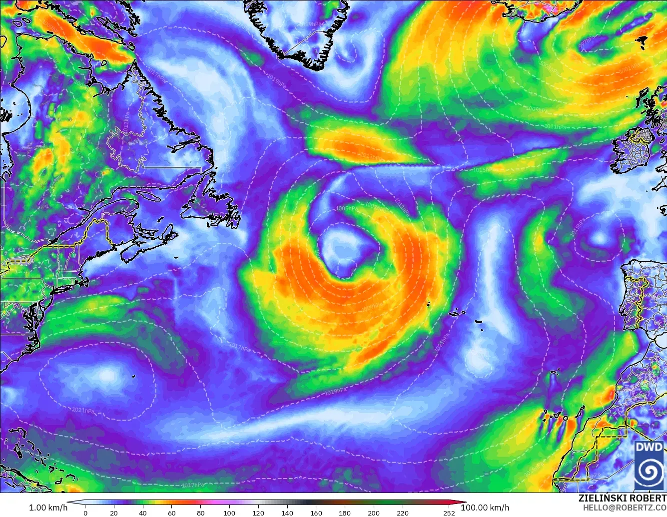 ICON modelo - Norte Atlántico, Ráfagas de Viento Máximas