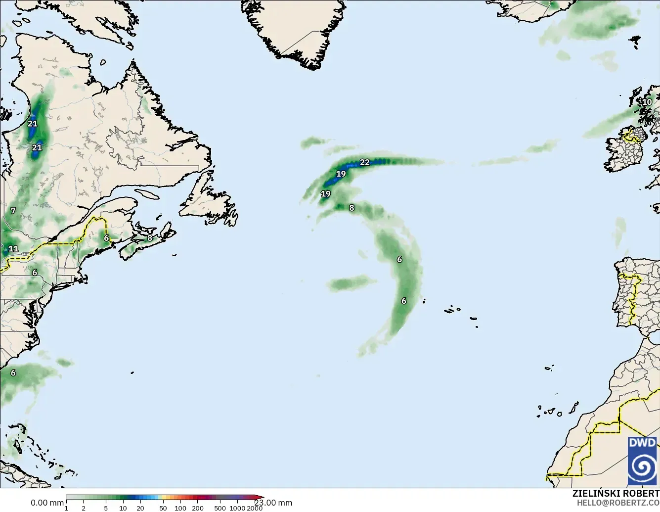 ICON modelo - Norte Atlántico, Acumulación de precipitación