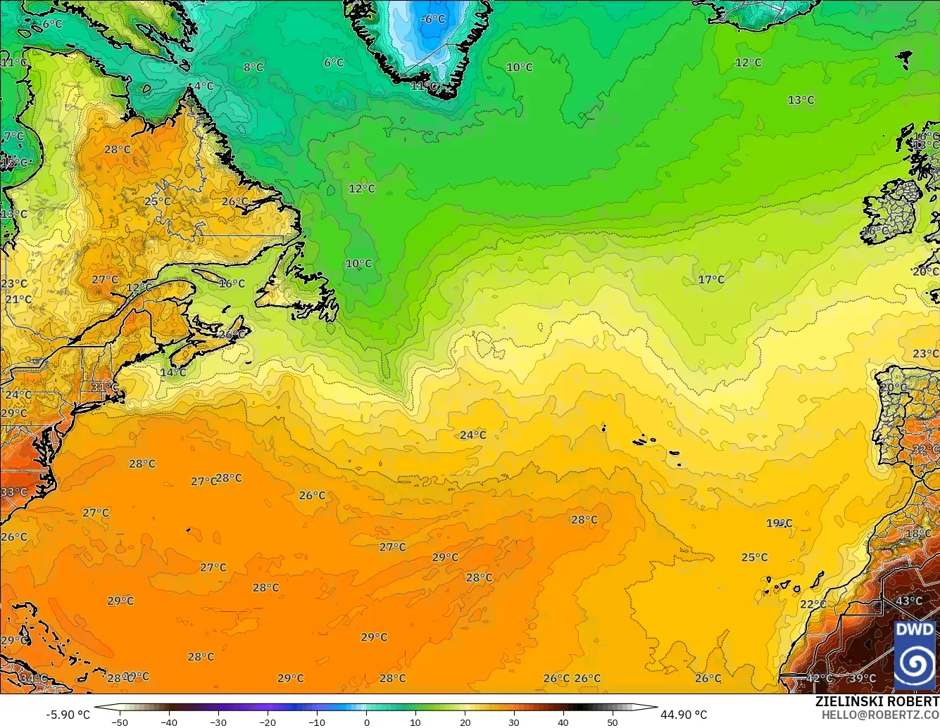 ICON modelo - Norte Atlántico, Temperatura a 2 m