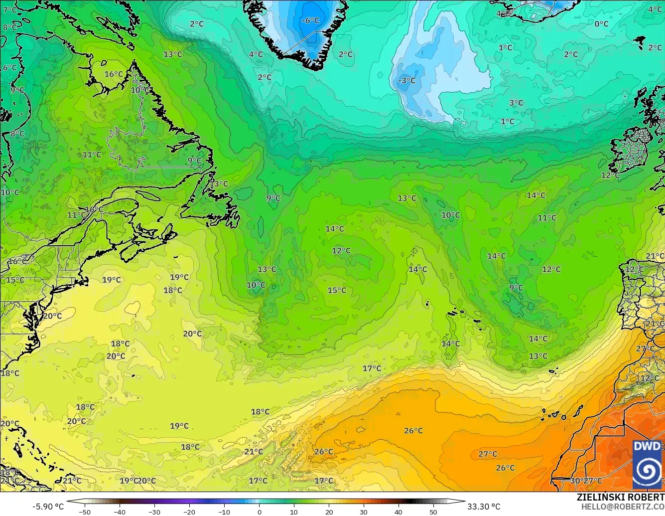 ICON modelo - Norte Atlántico, Temperatura a 850 hPa
