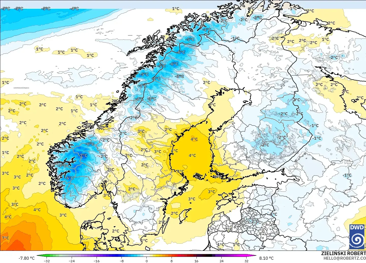 ICON modelo - Escandinavia, Anomalía de temperatura a 850 hPa