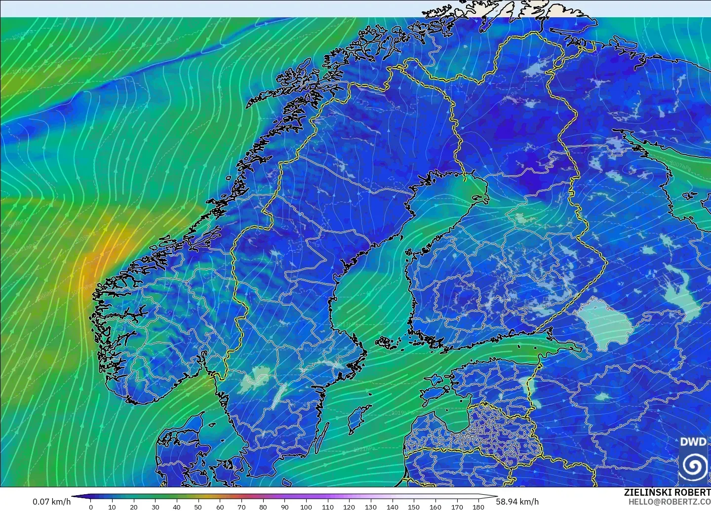 ICON modelo - Escandinavia, Viento a 10 m