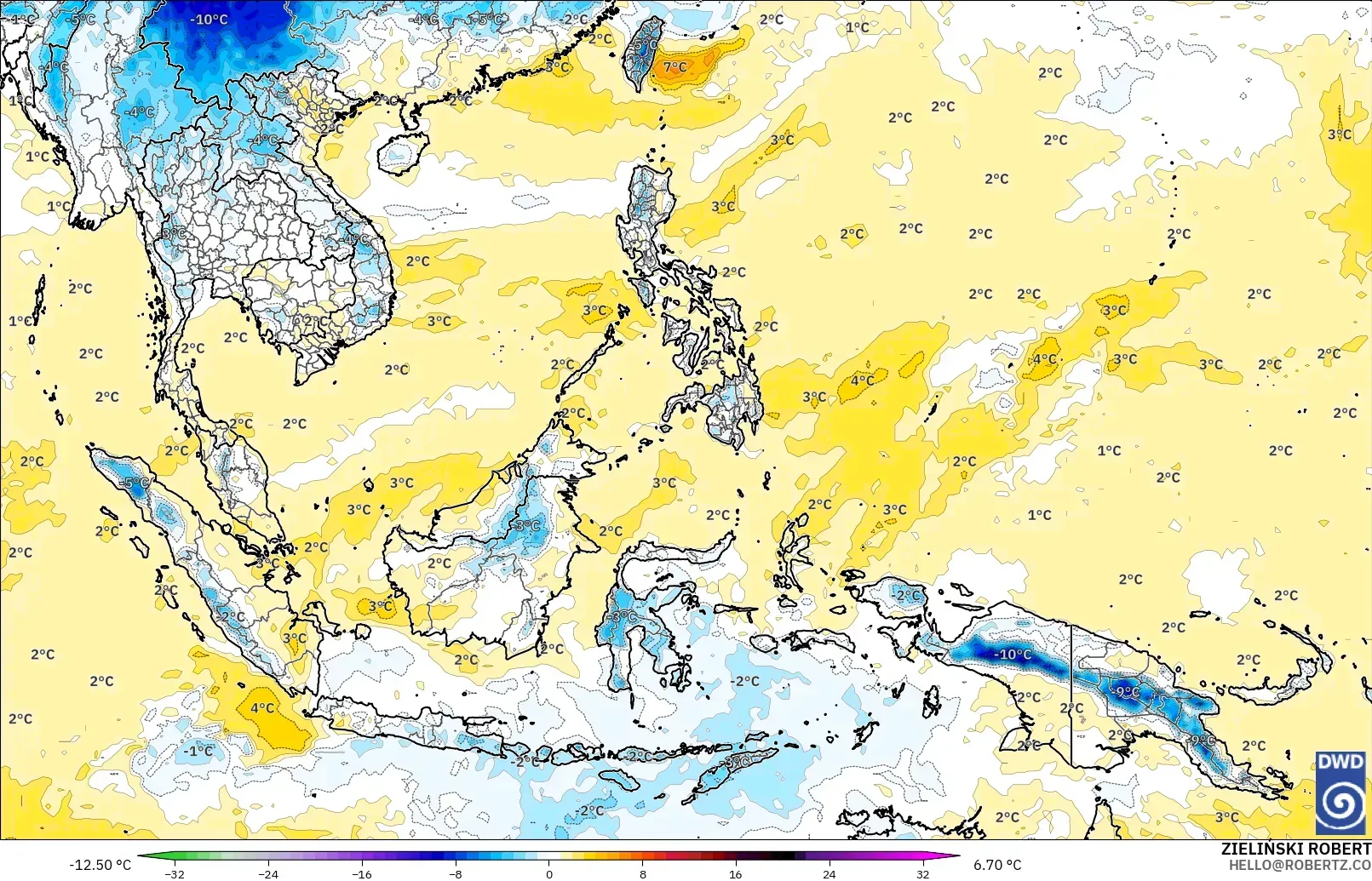 ICON modelo - Sudeste Asiático, Anomalía de temperatura a 850 hPa