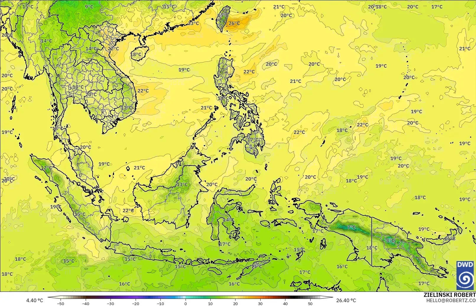ICON modelo - Sudeste Asiático, Temperatura a 850 hPa