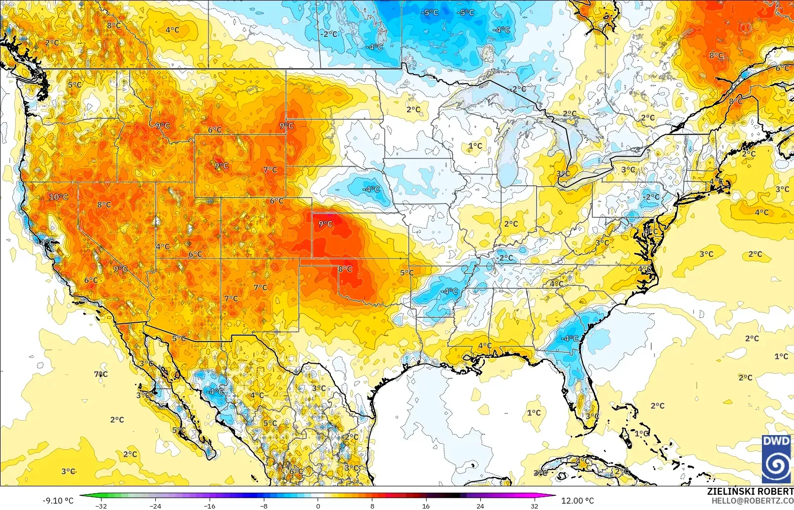 ICON modelo - Estados Unidos, Anomalía de temperatura a 2 m