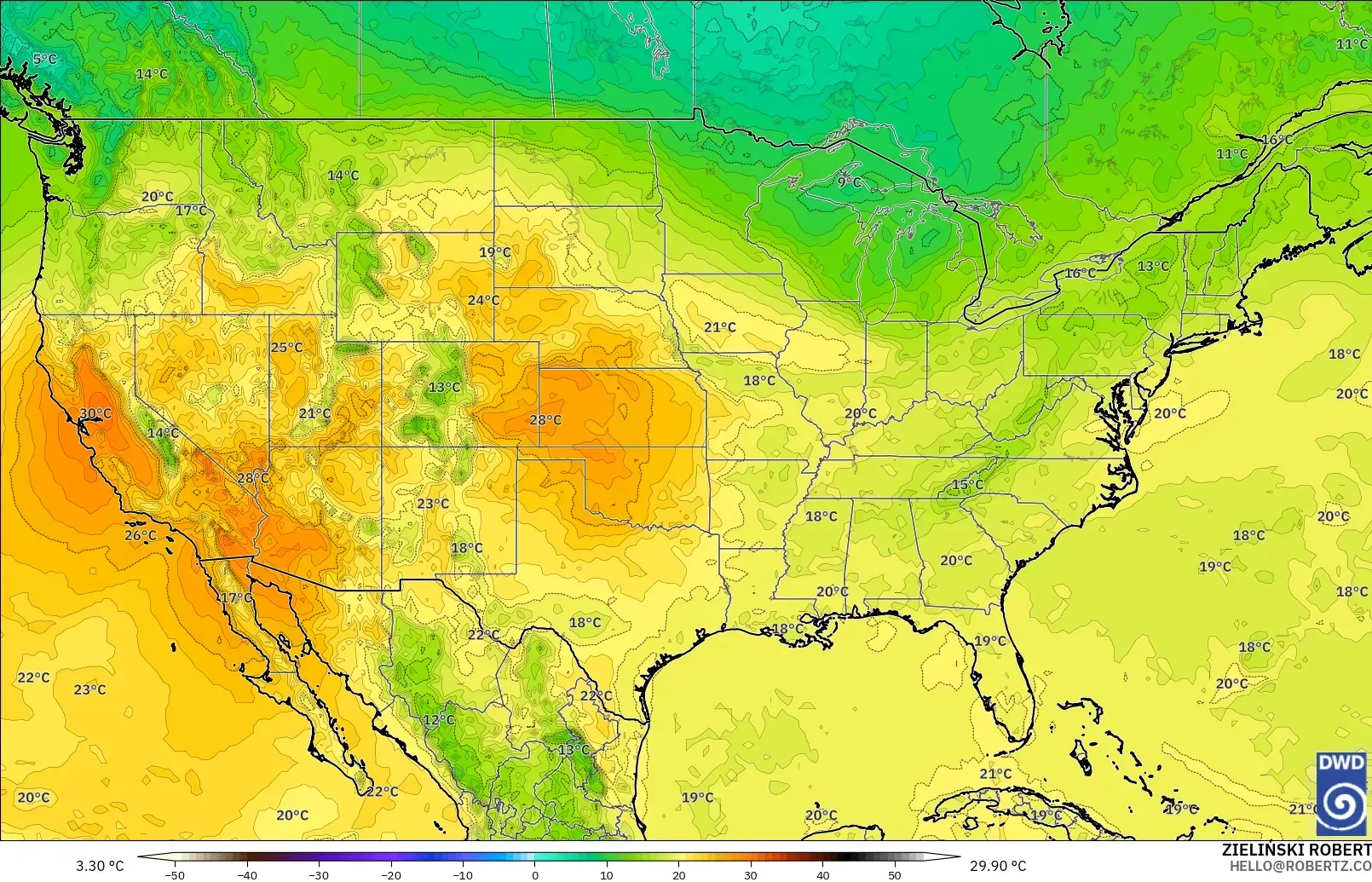 ICON modelo - Estados Unidos, Temperatura a 850 hPa