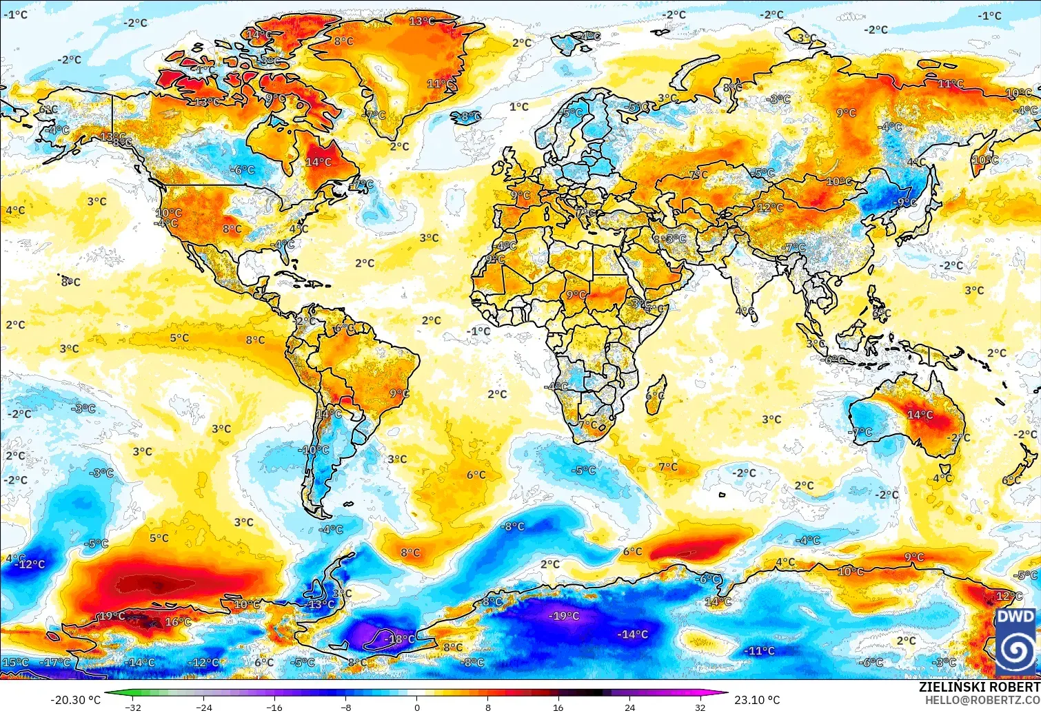 ICON modelo - Mundo, Anomalía de temperatura a 2 m