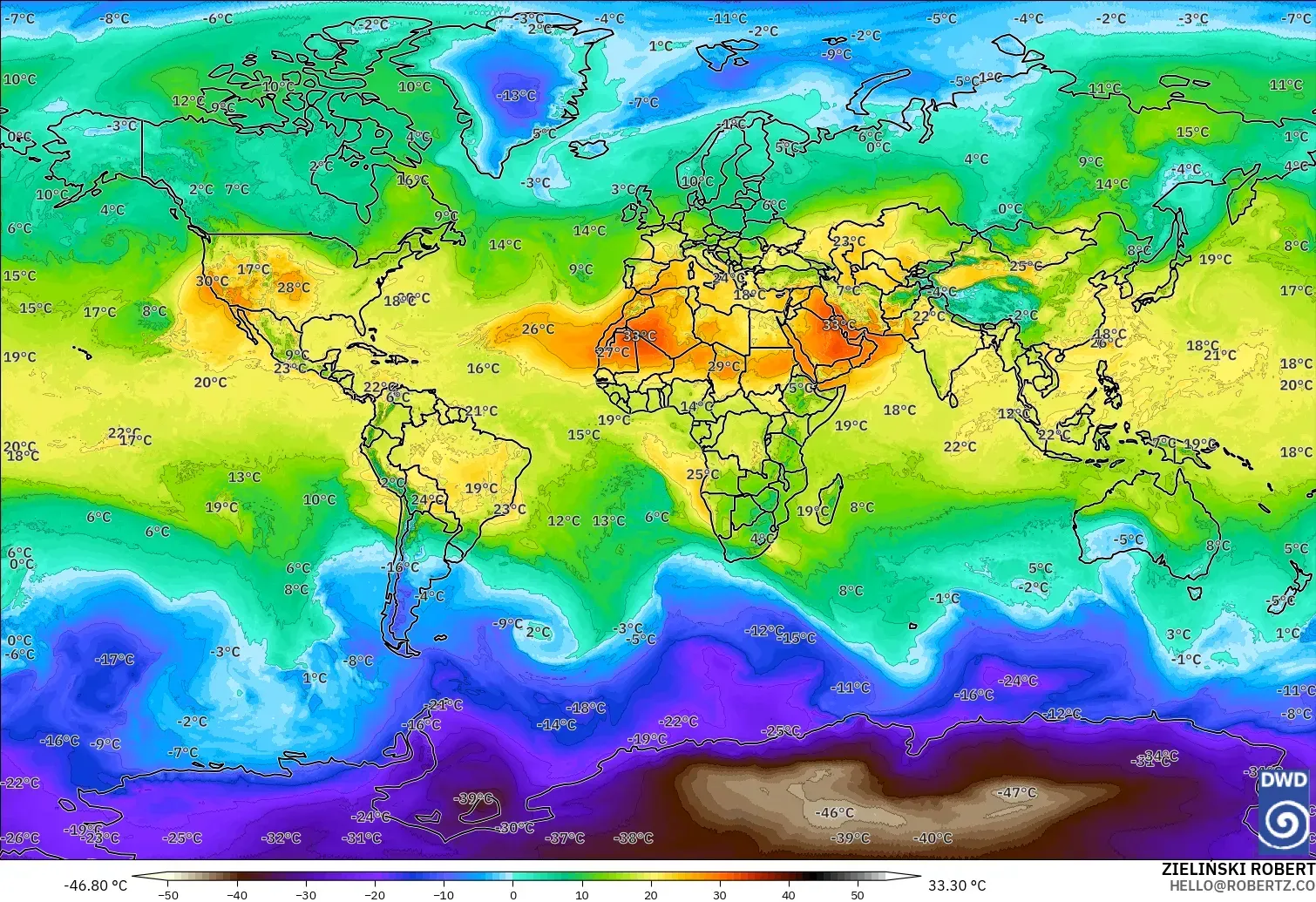 ICON modelo - Mundo, Temperatura a 850 hPa