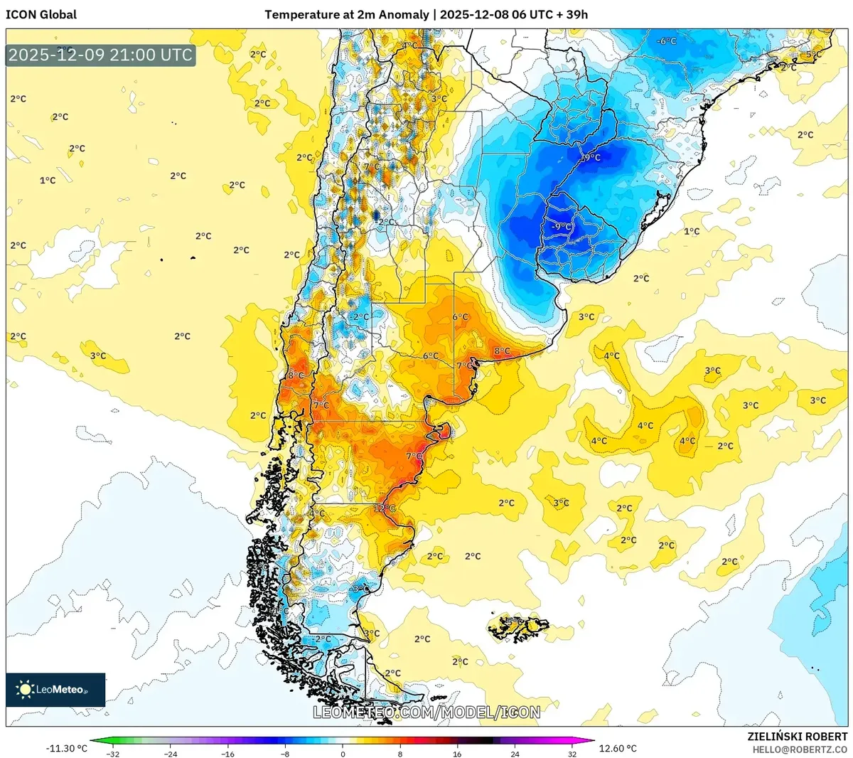 Mapa de Anomalía de Temperatura de Argentina del 8 de Diciembre de 2025 – Pronóstico de Ola de Calor vs Frente Frío
